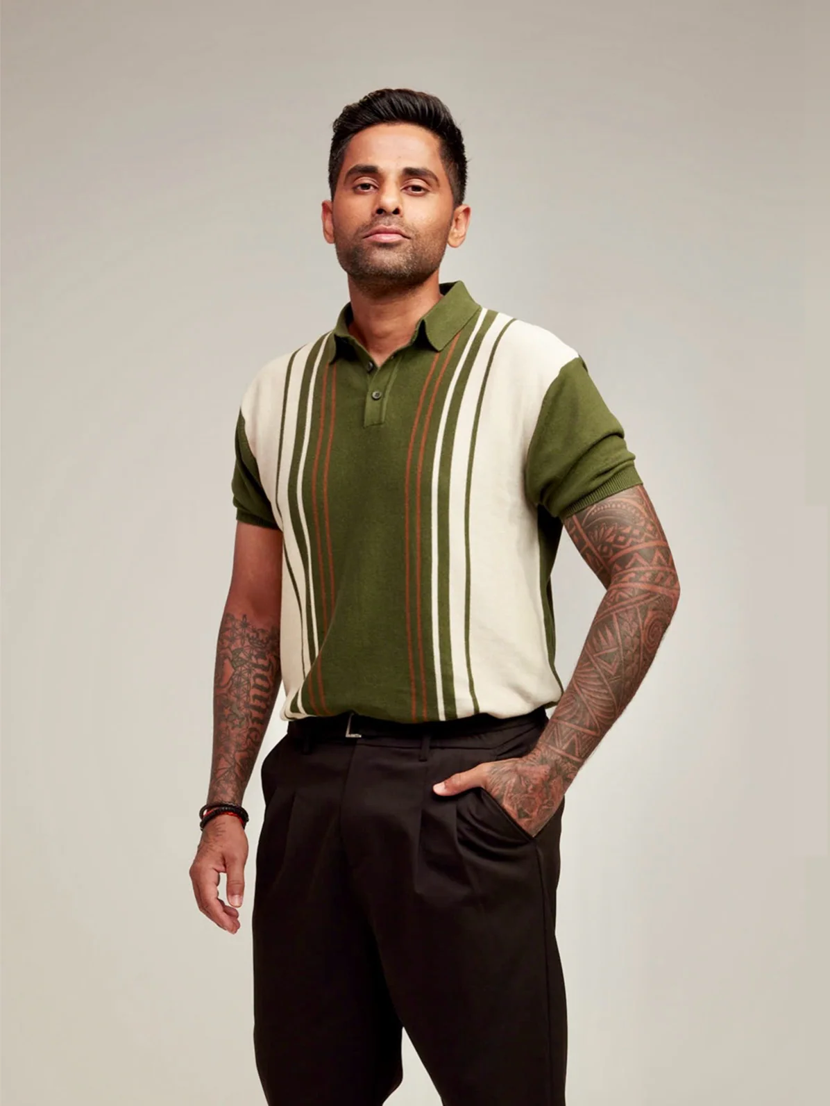 Men's Green Slim Fit Striped Flat Knit Polo T-Shirt - Image 7