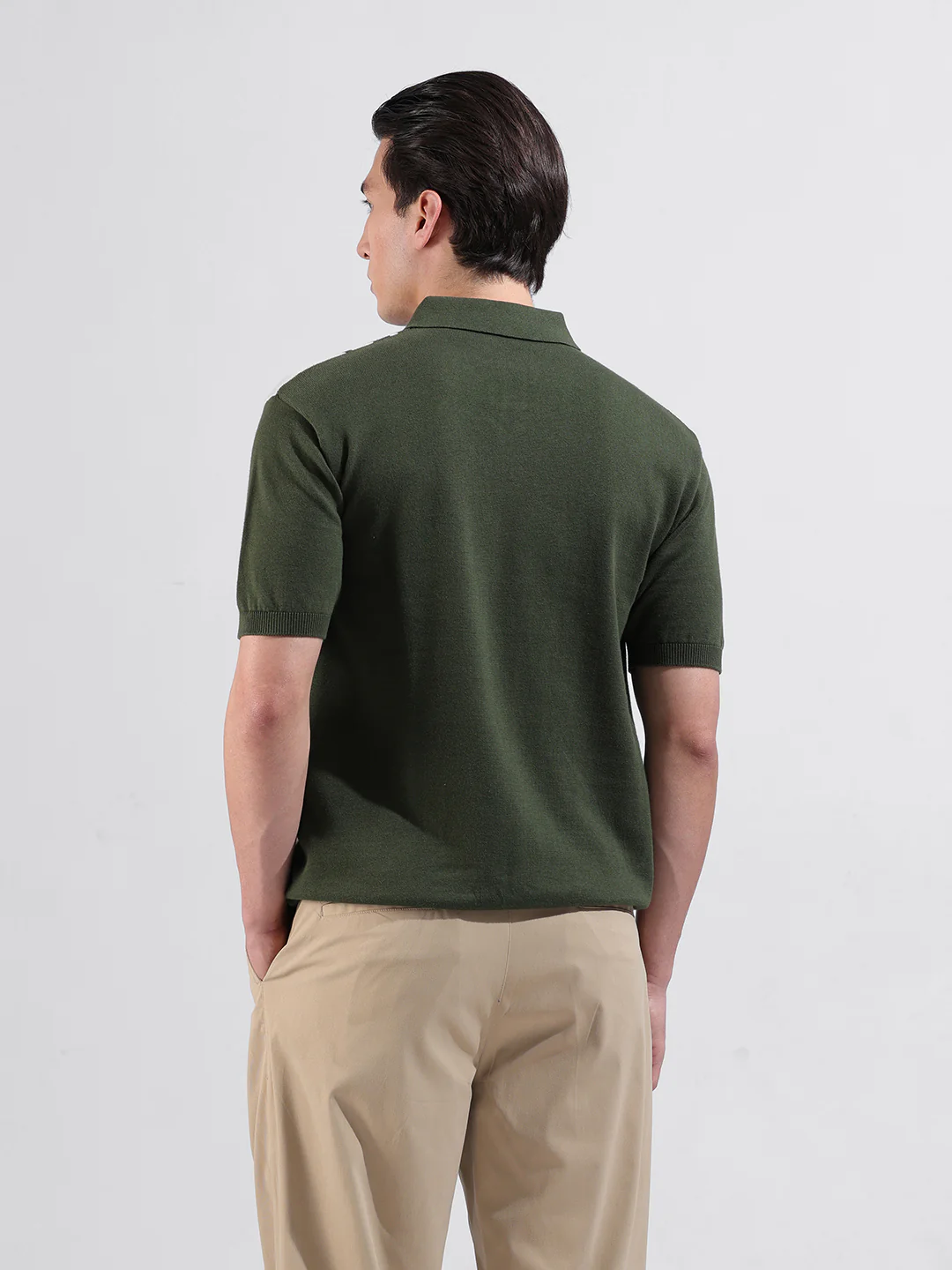 Men's Green Slim Fit Striped Flat Knit Polo T-Shirt - Image 8