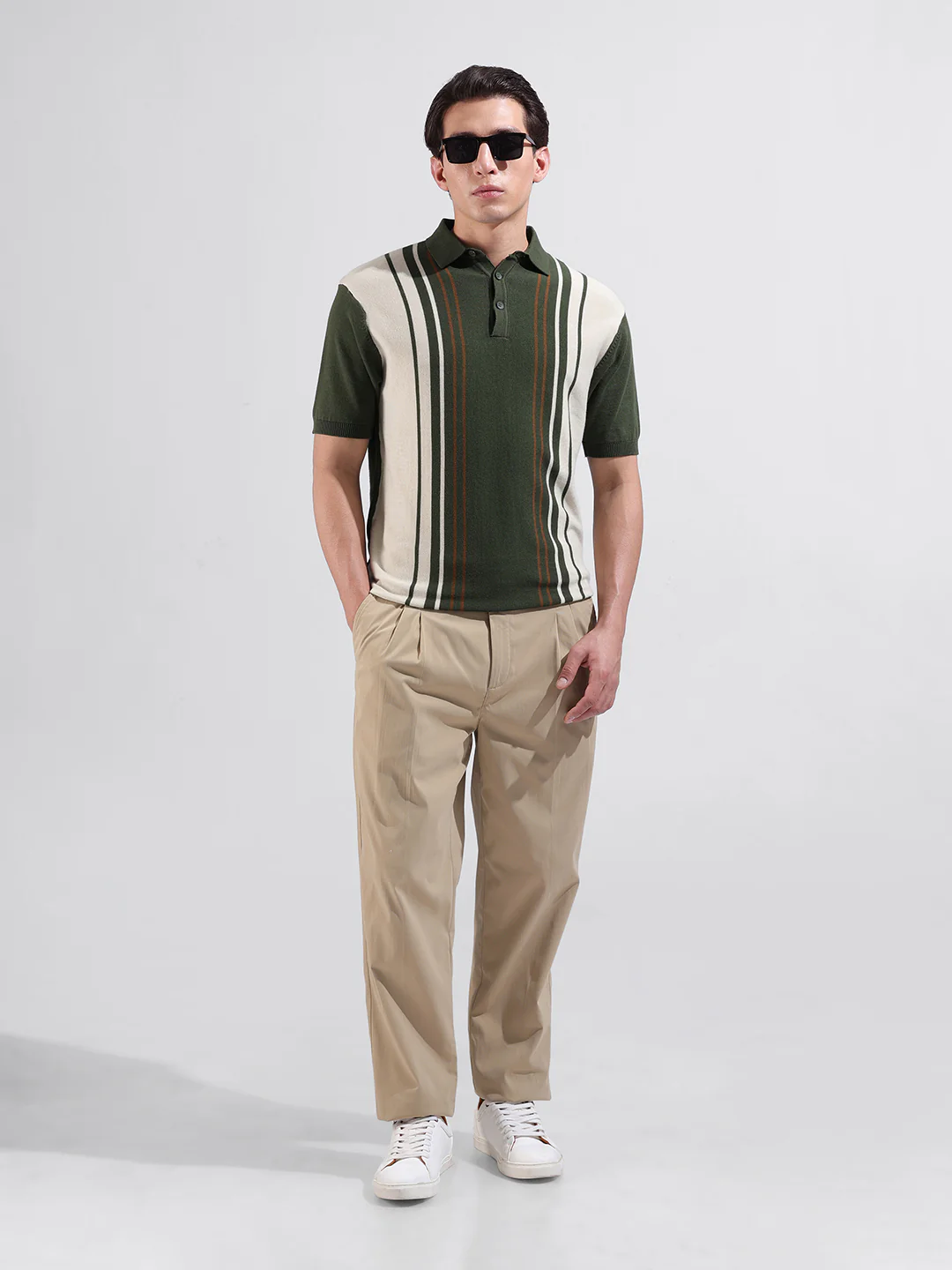Men's Green Slim Fit Striped Flat Knit Polo T-Shirt - Image 9