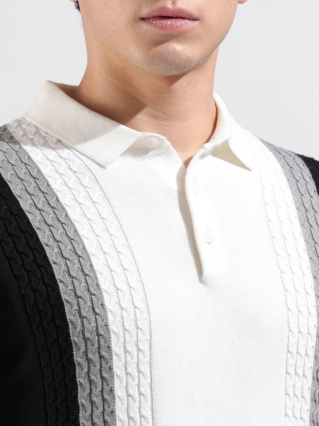 Men's White Slim Fit Striped Flat Knit Polo T-Shirt - Image 3