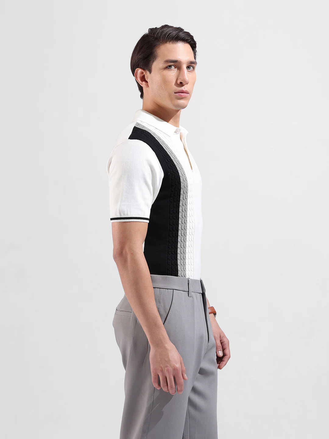 Men's White Slim Fit Striped Flat Knit Polo T-Shirt - Image 4