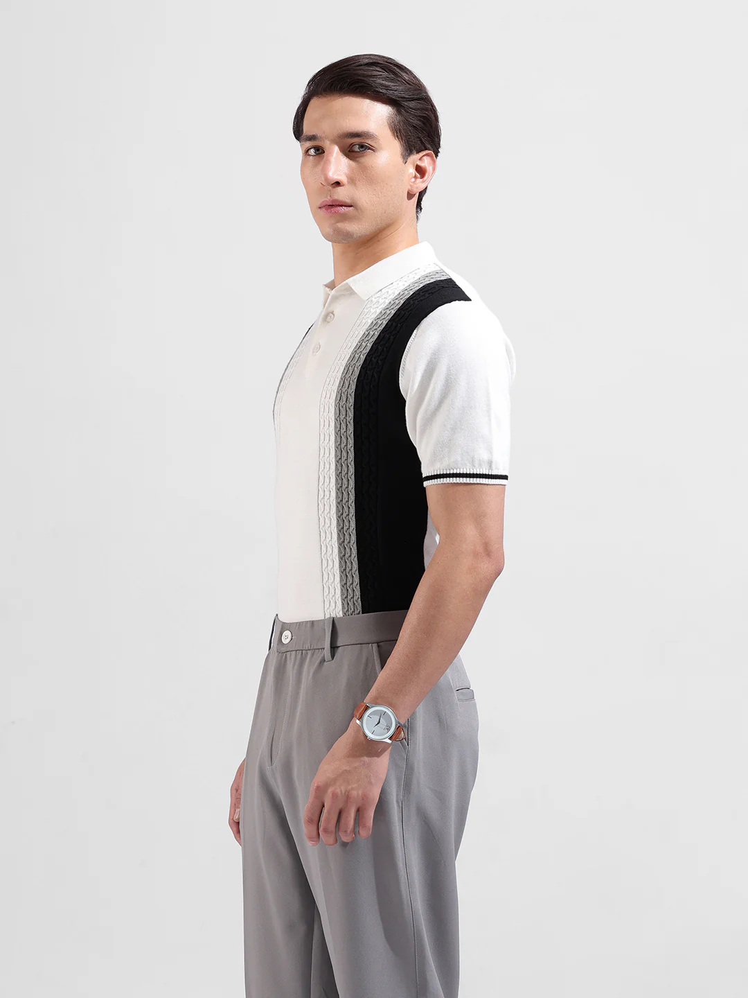 Men's White Slim Fit Striped Flat Knit Polo T-Shirt - Image 5