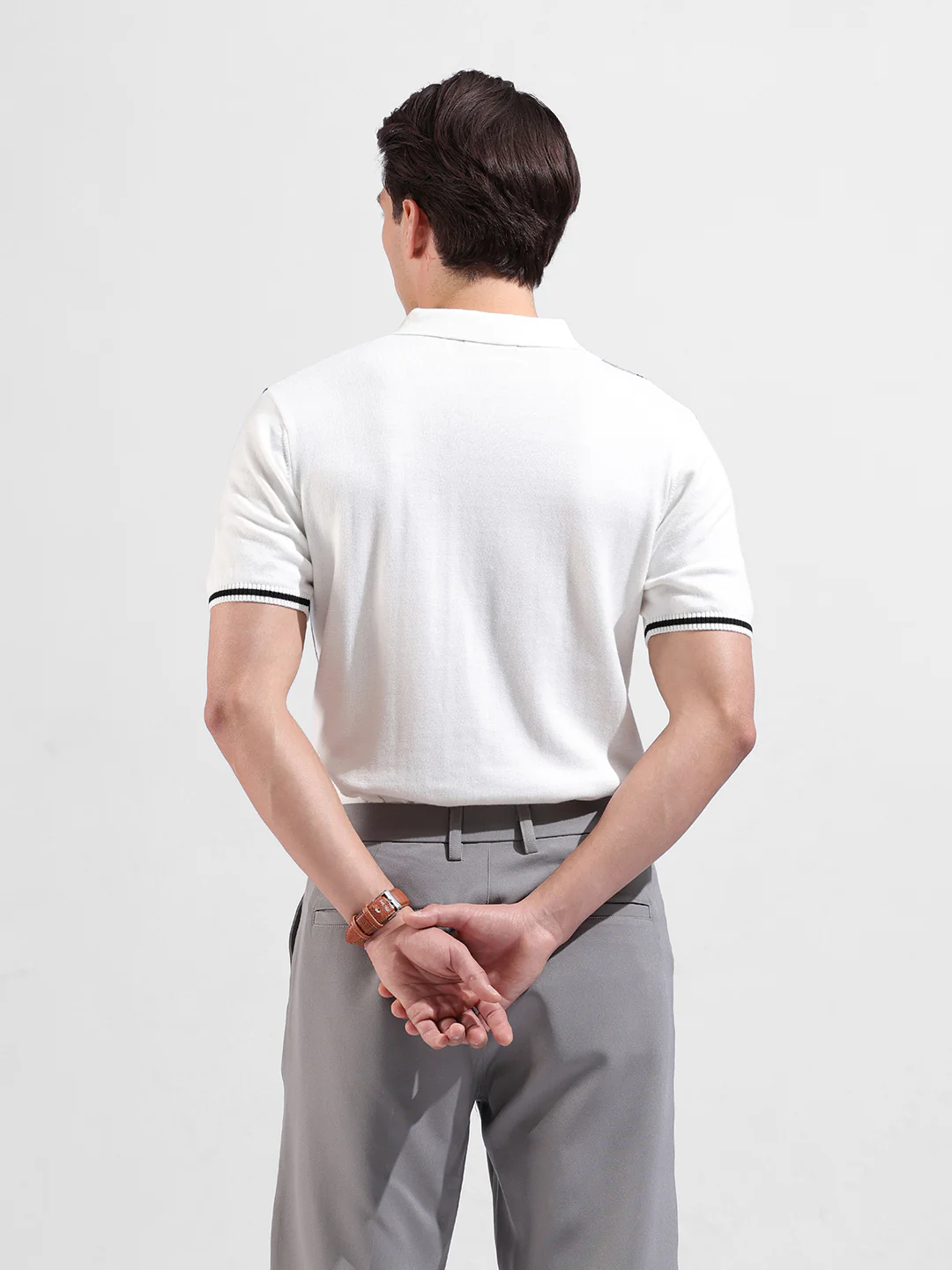 Men's White Slim Fit Striped Flat Knit Polo T-Shirt - Image 6