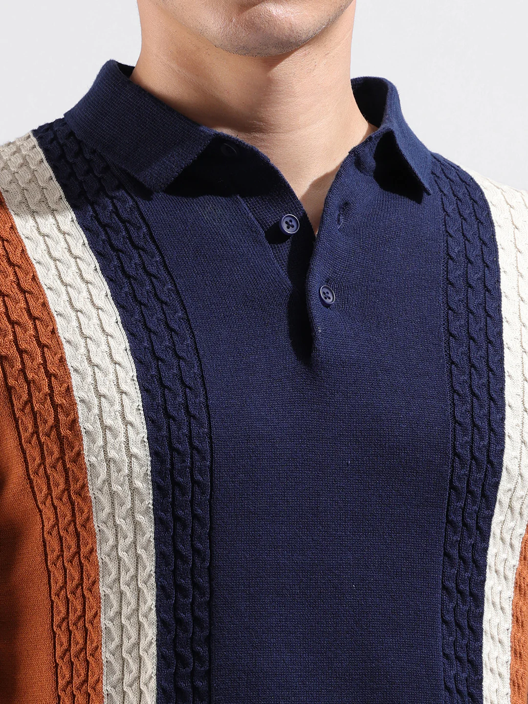 Men's Navy Blue Slim Fit Striped Flat Knit Polo T-Shirt - Image 3