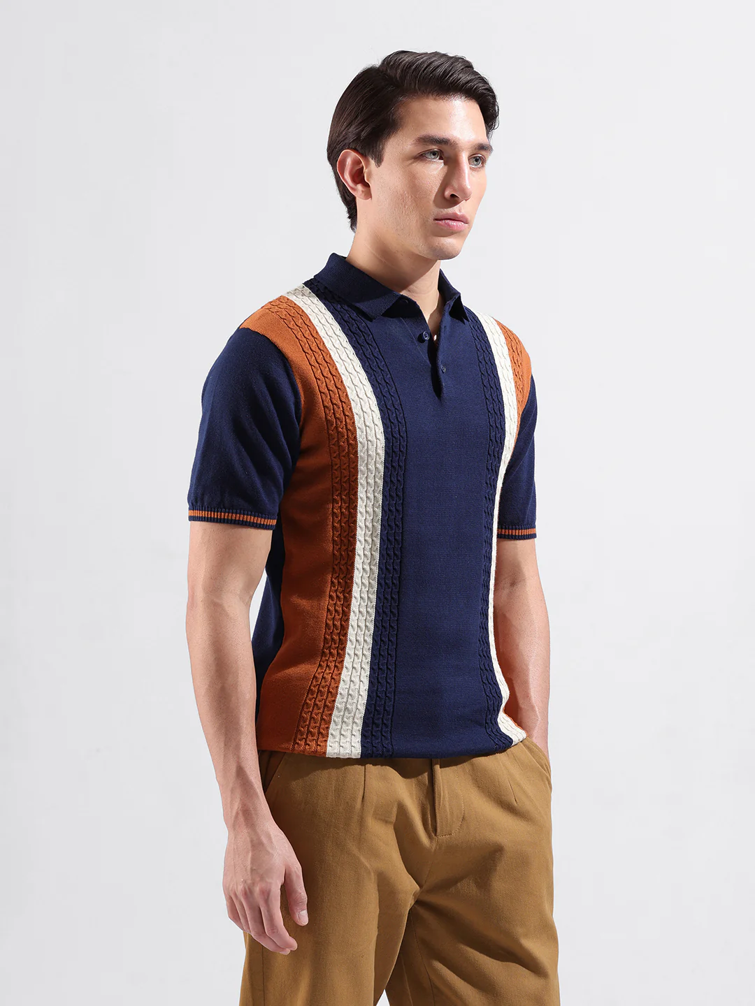 Men's Navy Blue Slim Fit Striped Flat Knit Polo T-Shirt - Image 4