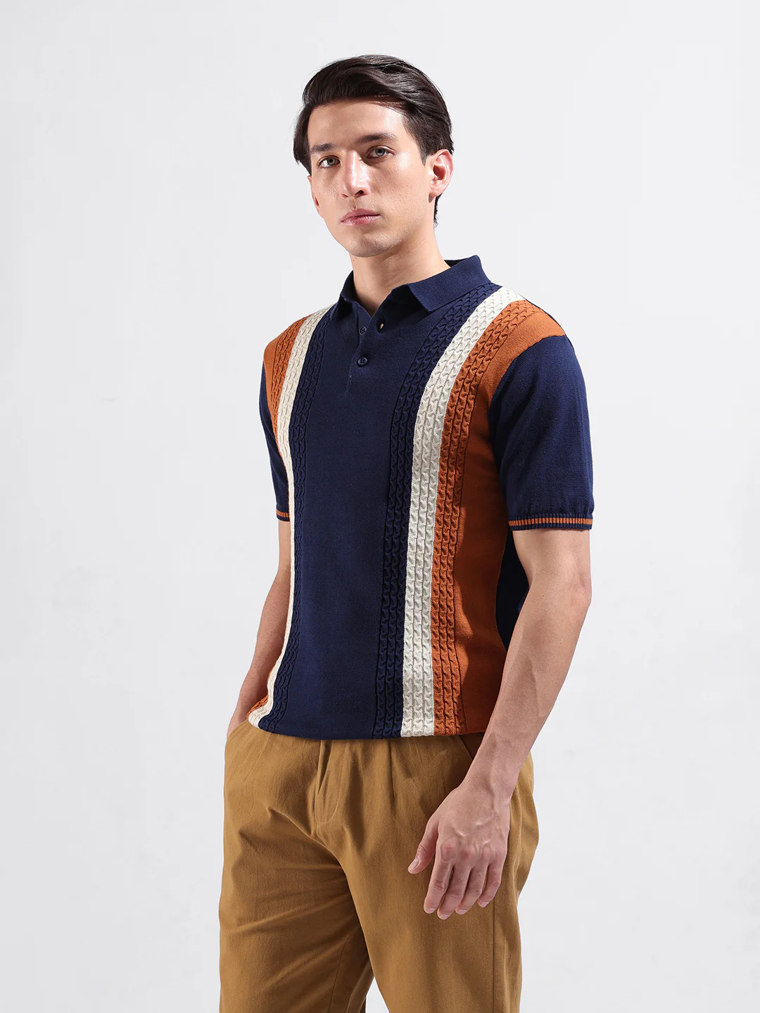 Men's Navy Blue Slim Fit Striped Flat Knit Polo T-Shirt - Image 5