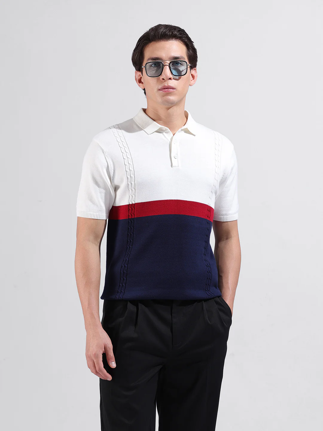 Men's White Slim Fit Colourblocked Flat Knit Polo T-Shirt - Image 2