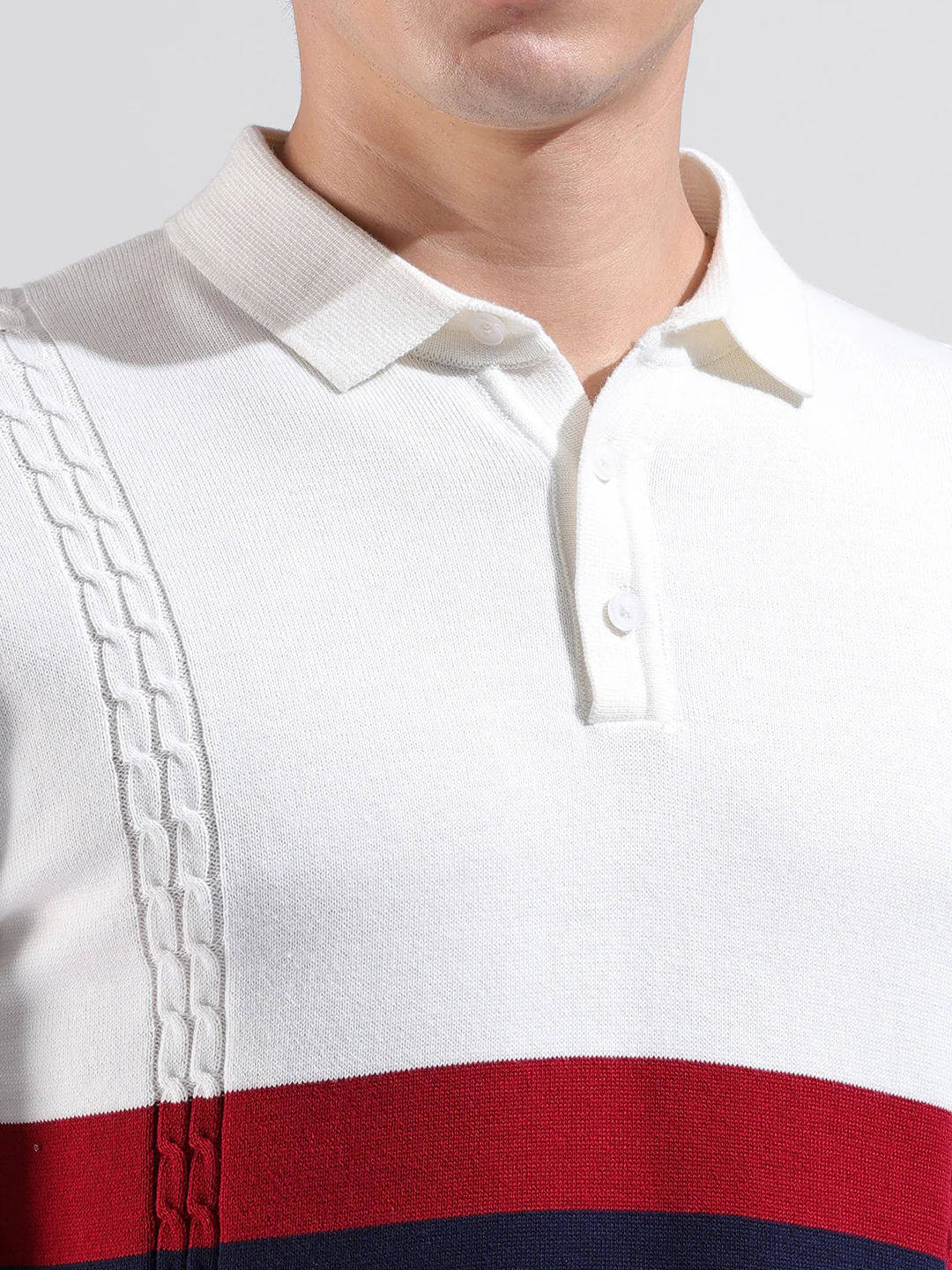 Men's White Slim Fit Colourblocked Flat Knit Polo T-Shirt - Image 3
