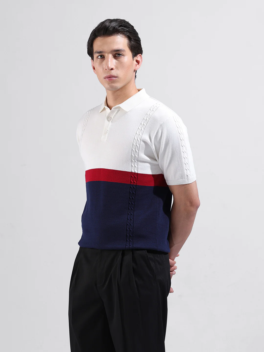 Men's White Slim Fit Colourblocked Flat Knit Polo T-Shirt - Image 4