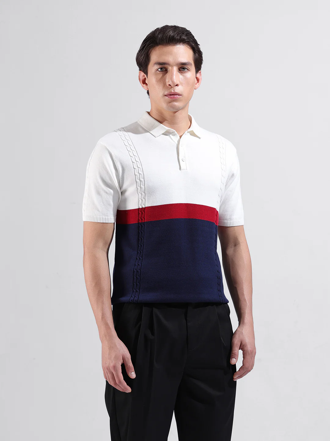 Men's White Slim Fit Colourblocked Flat Knit Polo T-Shirt - Image 5