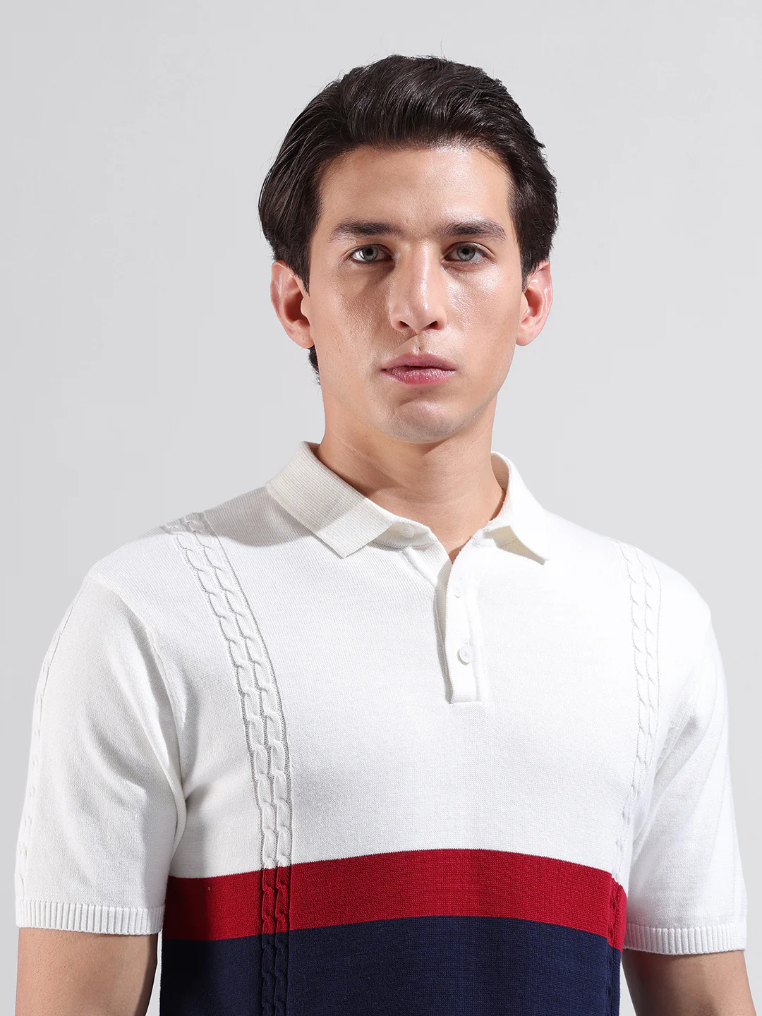 Men's White Slim Fit Colourblocked Flat Knit Polo T-Shirt - Image 6