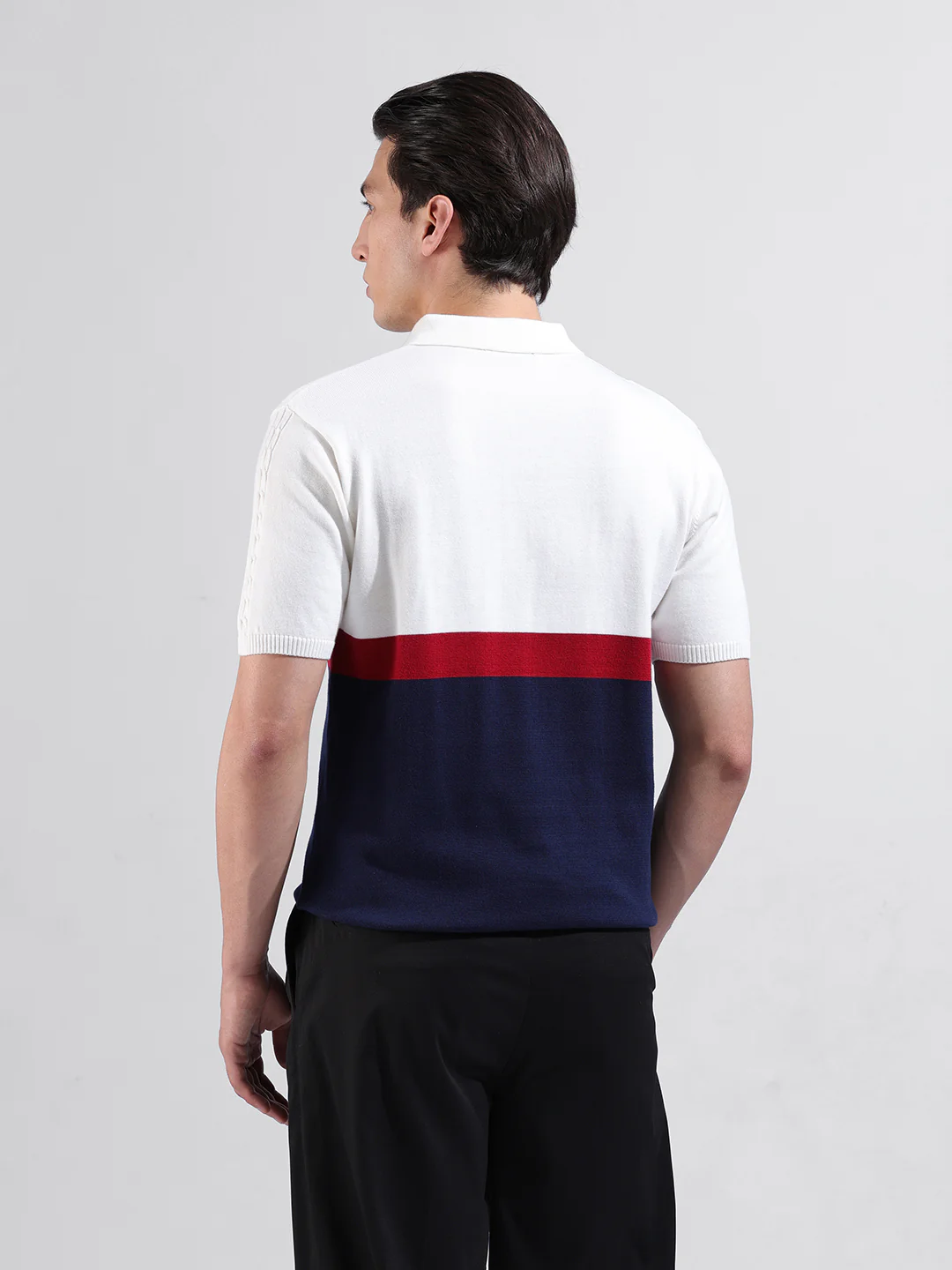 Men's White Slim Fit Colourblocked Flat Knit Polo T-Shirt - Image 7