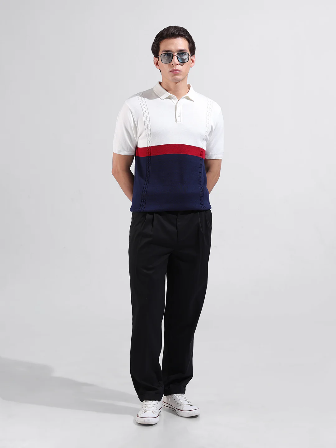 Men's White Slim Fit Colourblocked Flat Knit Polo T-Shirt - Image 8
