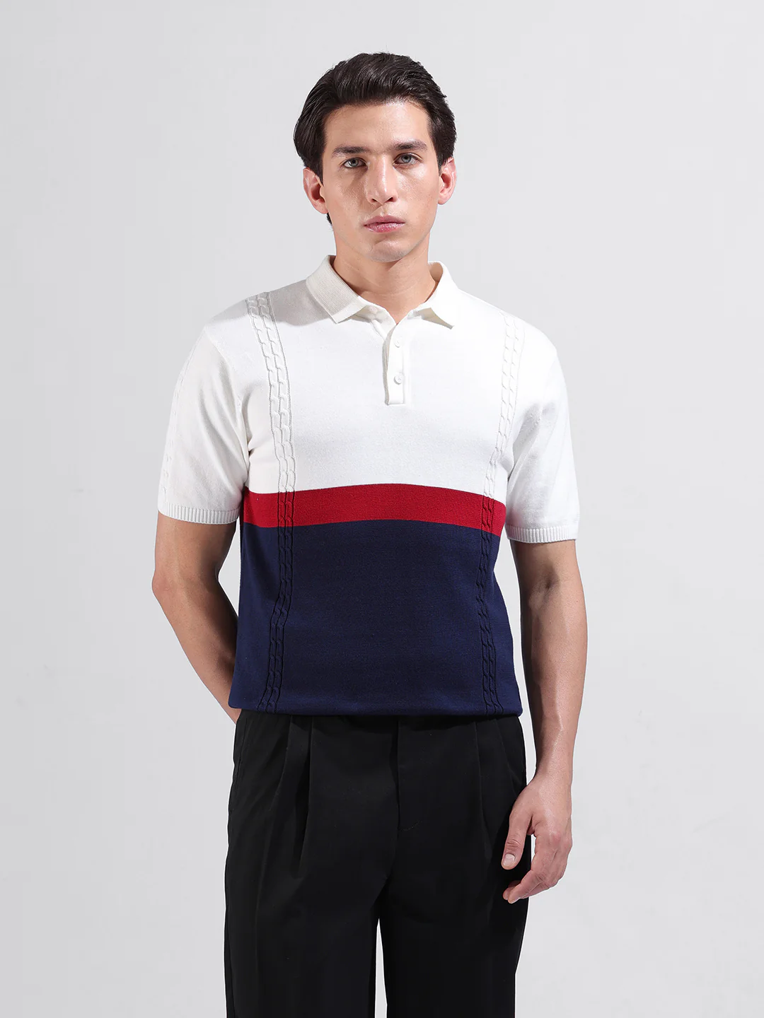 Men's White Slim Fit Colourblocked Flat Knit Polo T-Shirt - Image 9