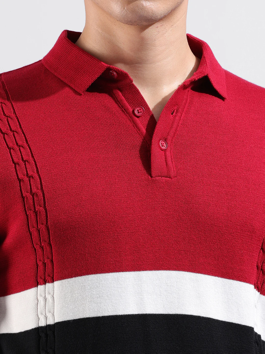 Men's Red Slim Fit Colourblocked Flat Knit Polo T-Shirt - Image 3