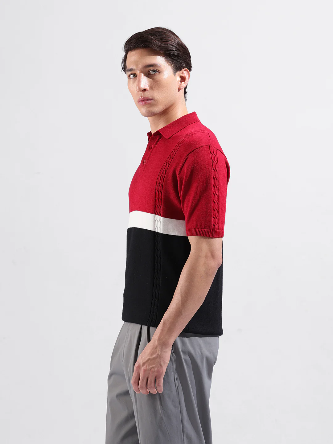 Men's Red Slim Fit Colourblocked Flat Knit Polo T-Shirt - Image 5