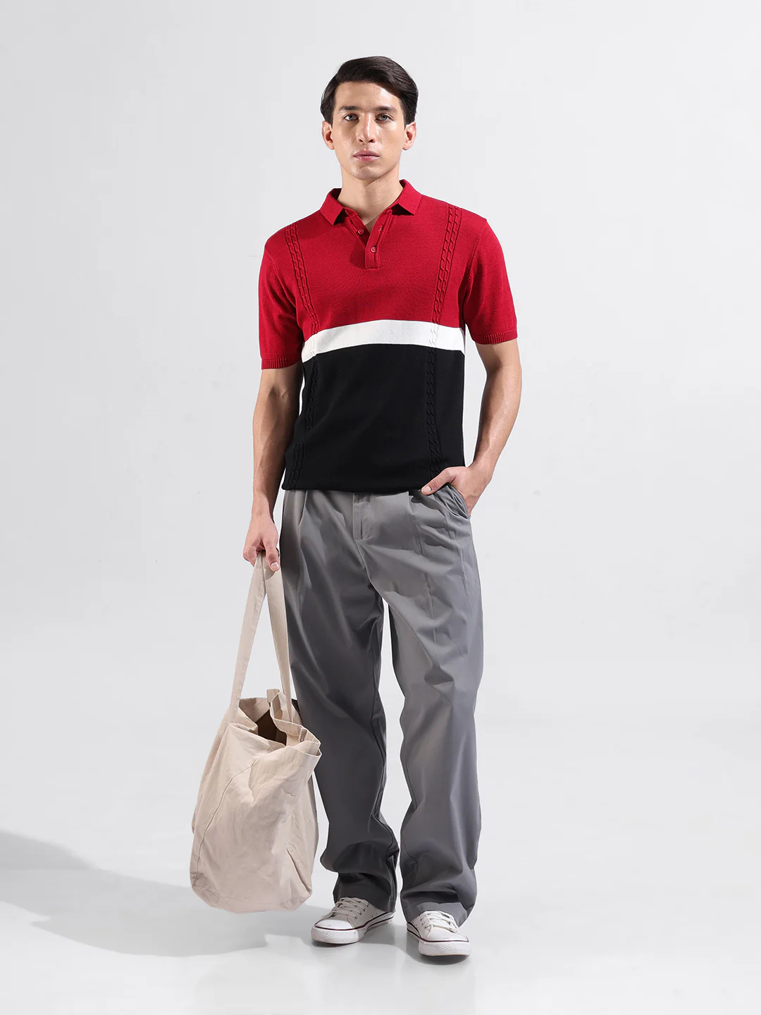 Men's Red Slim Fit Colourblocked Flat Knit Polo T-Shirt - Image 6