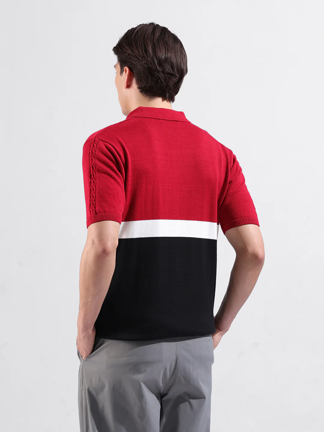 Men's Red Slim Fit Colourblocked Flat Knit Polo T-Shirt - Image 7