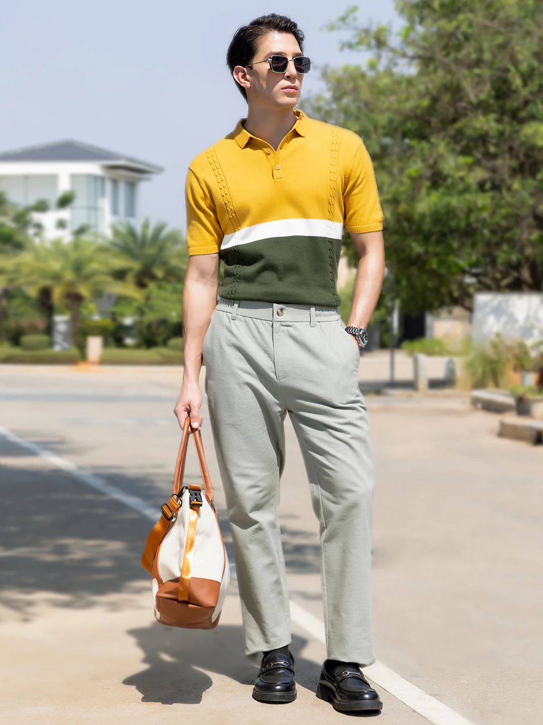 Men's Yellow Slim Fit Colourblocked Flat Knit Polo T-Shirt