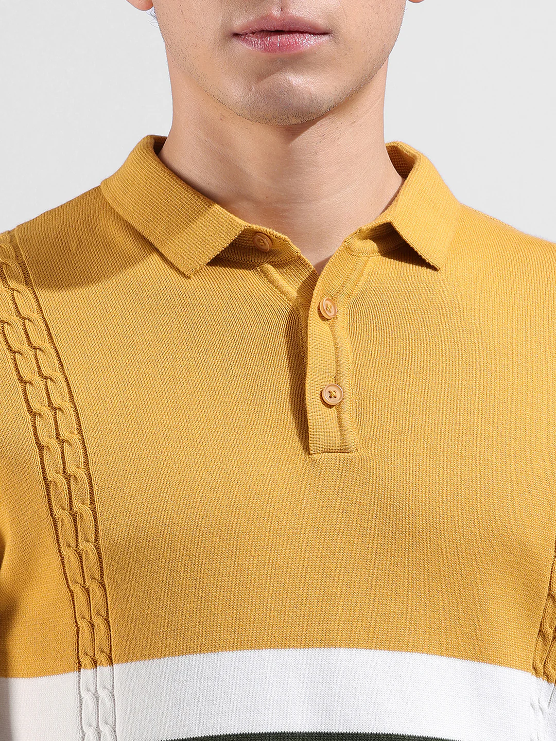 Men's Yellow Slim Fit Colourblocked Flat Knit Polo T-Shirt - Image 3