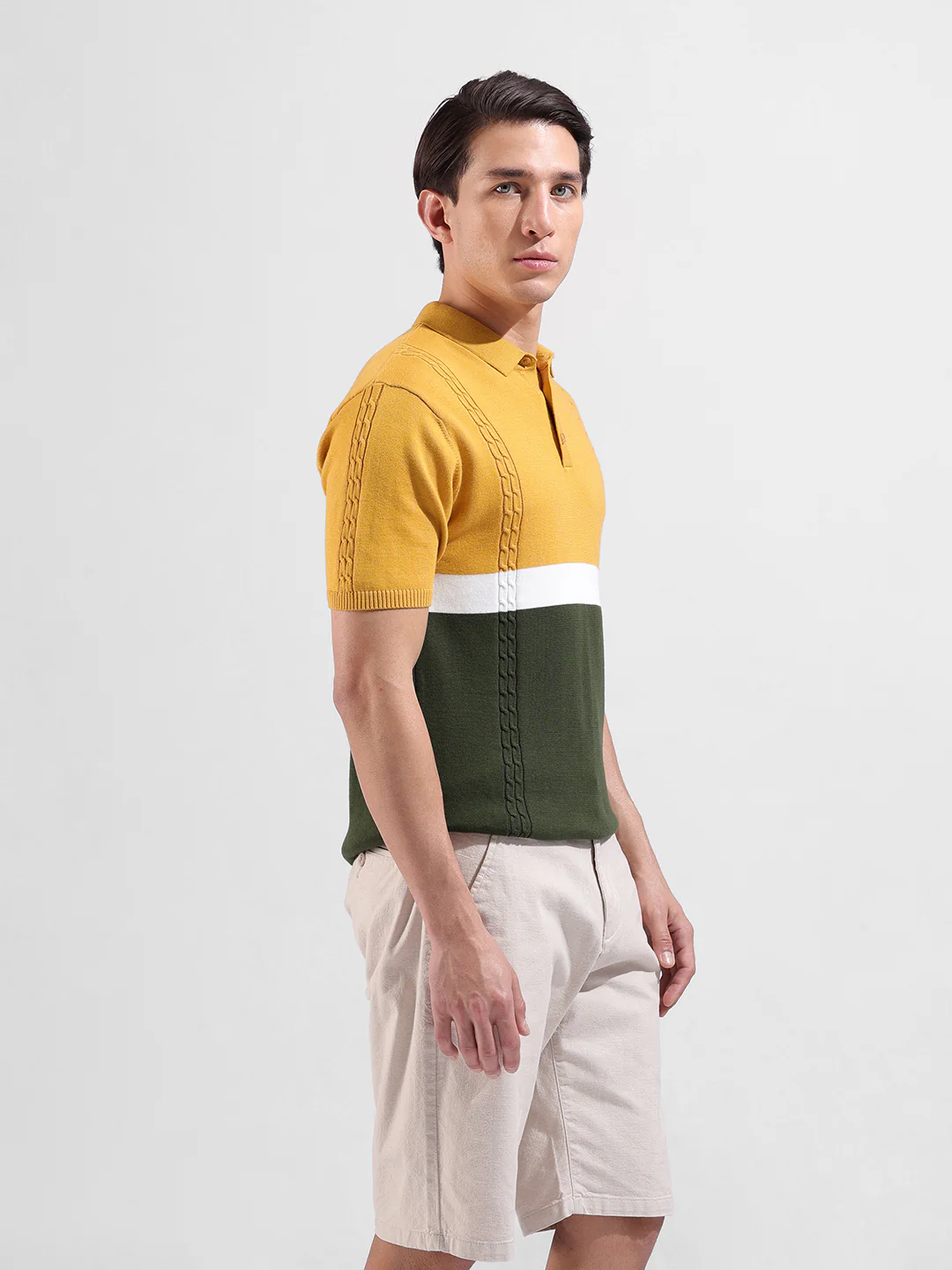 Men's Yellow Slim Fit Colourblocked Flat Knit Polo T-Shirt - Image 4