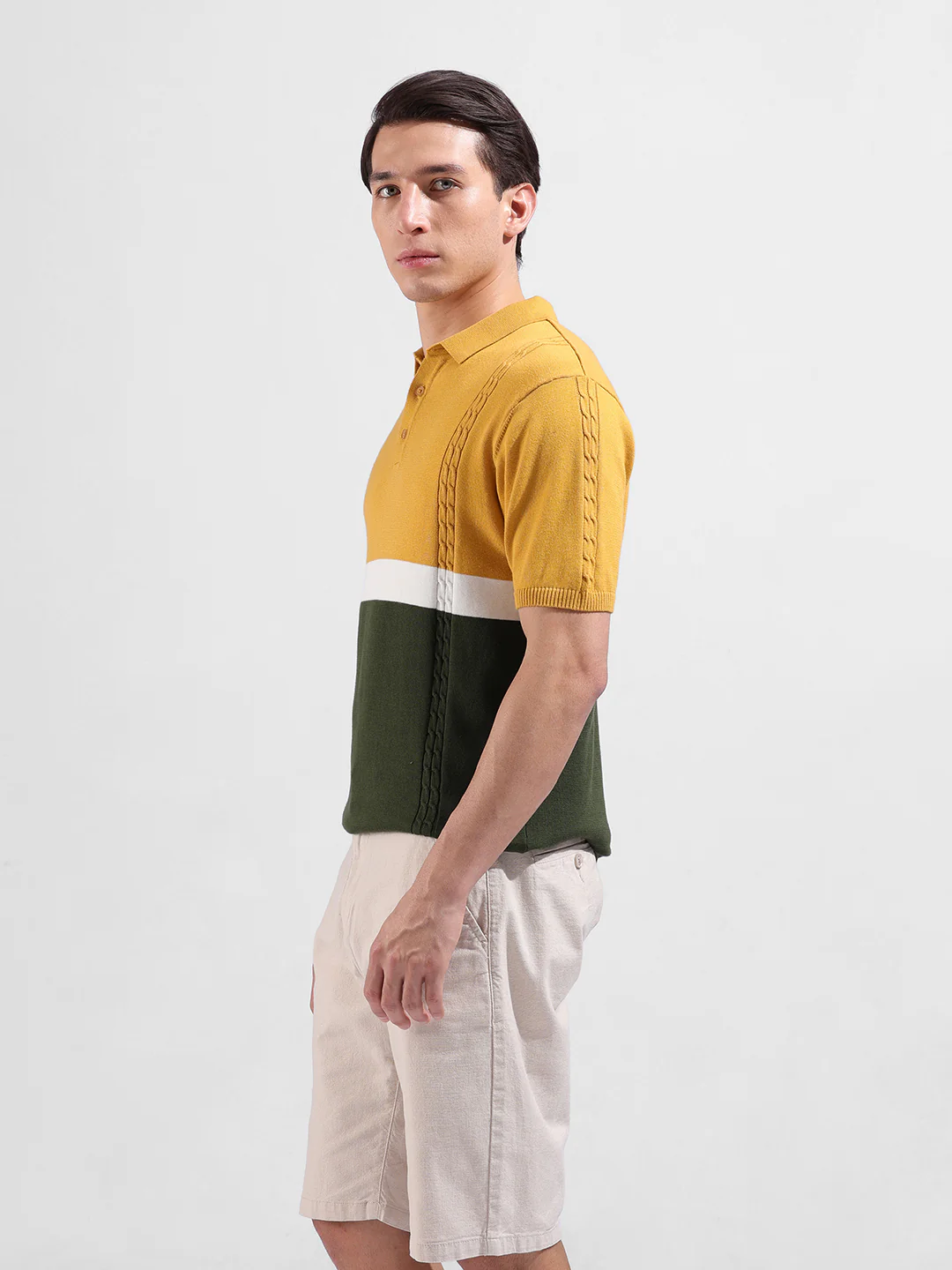 Men's Yellow Slim Fit Colourblocked Flat Knit Polo T-Shirt - Image 5