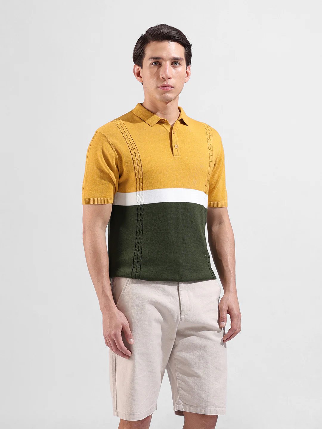 Men's Yellow Slim Fit Colourblocked Flat Knit Polo T-Shirt - Image 6