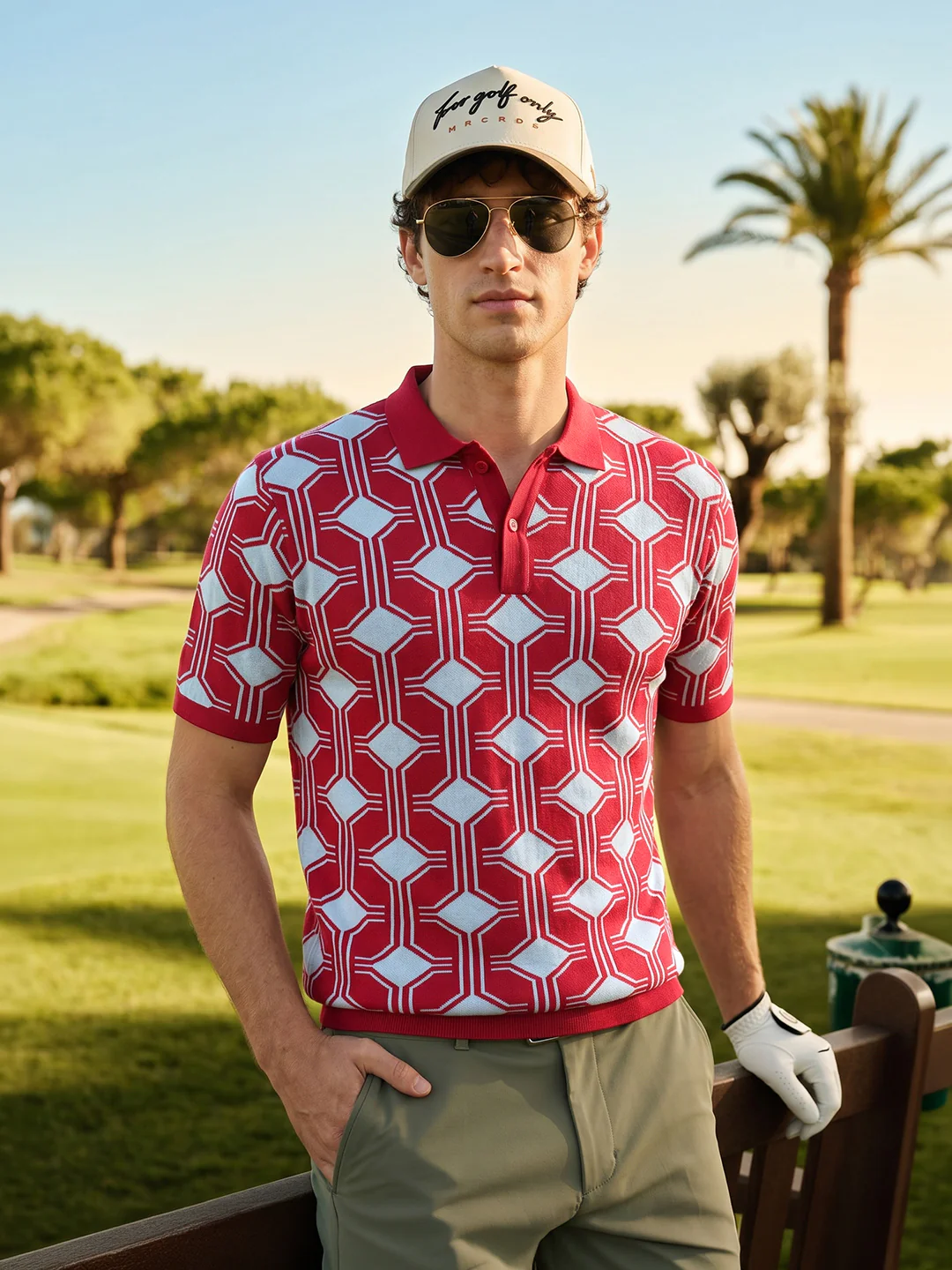 Men's Red Slim Fit Graphic Printed Flat Knit Polo T-Shirt
