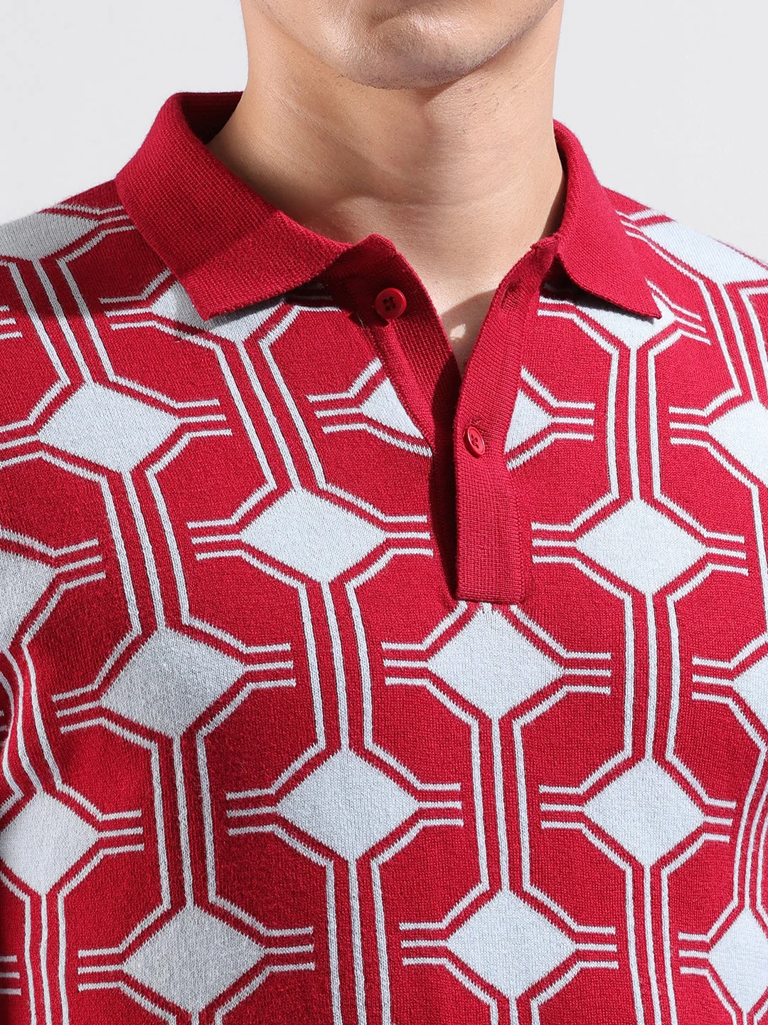 Men's Red Slim Fit Graphic Printed Flat Knit Polo T-Shirt - Image 3