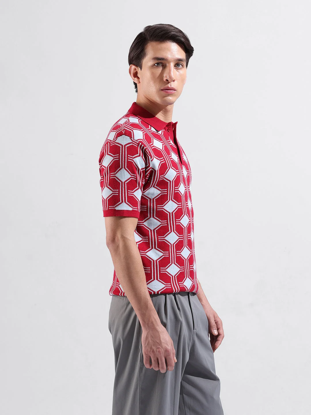 Men's Red Slim Fit Graphic Printed Flat Knit Polo T-Shirt - Image 4