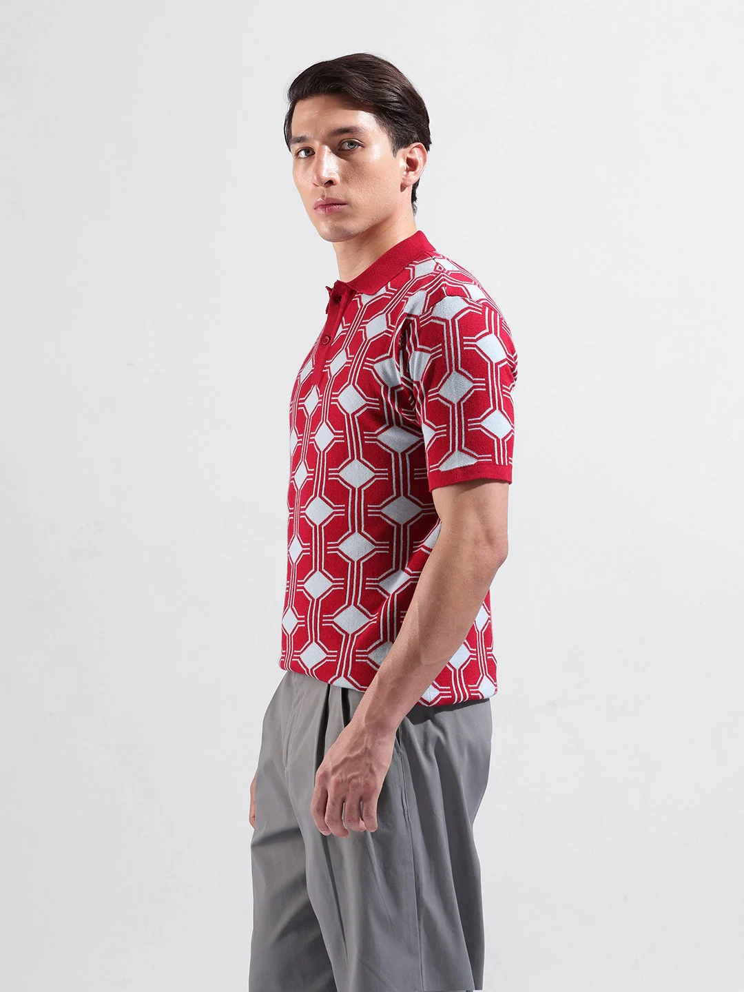 Men's Red Slim Fit Graphic Printed Flat Knit Polo T-Shirt - Image 5