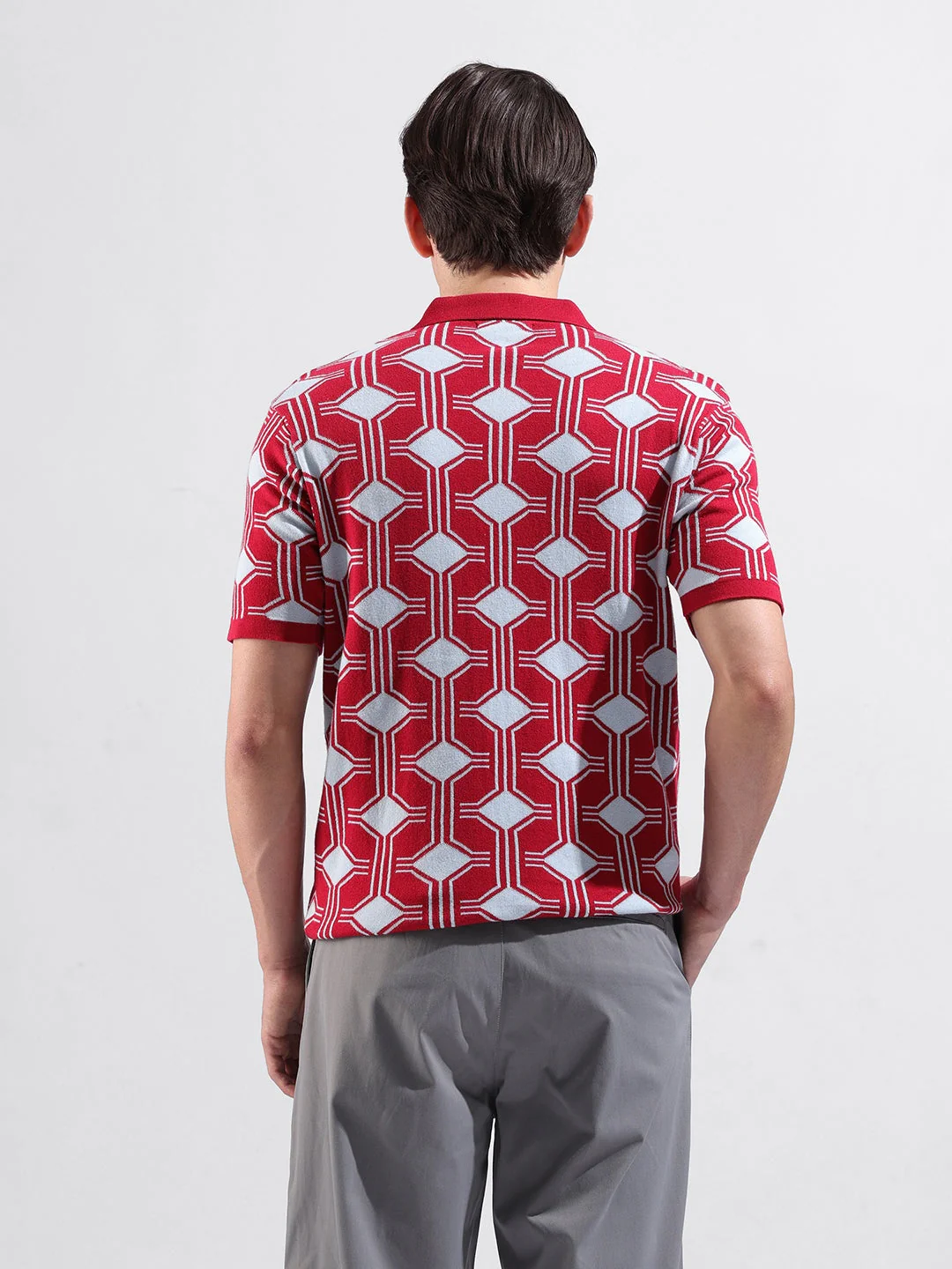 Men's Red Slim Fit Graphic Printed Flat Knit Polo T-Shirt - Image 6