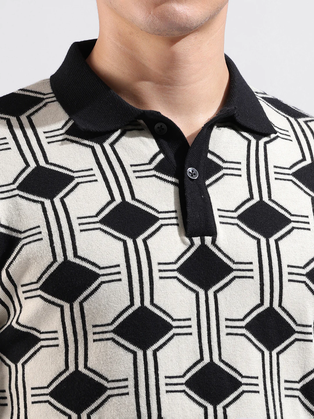 Men's White Slim Fit Printed Flat Knit Polo T-Shirt - Image 3