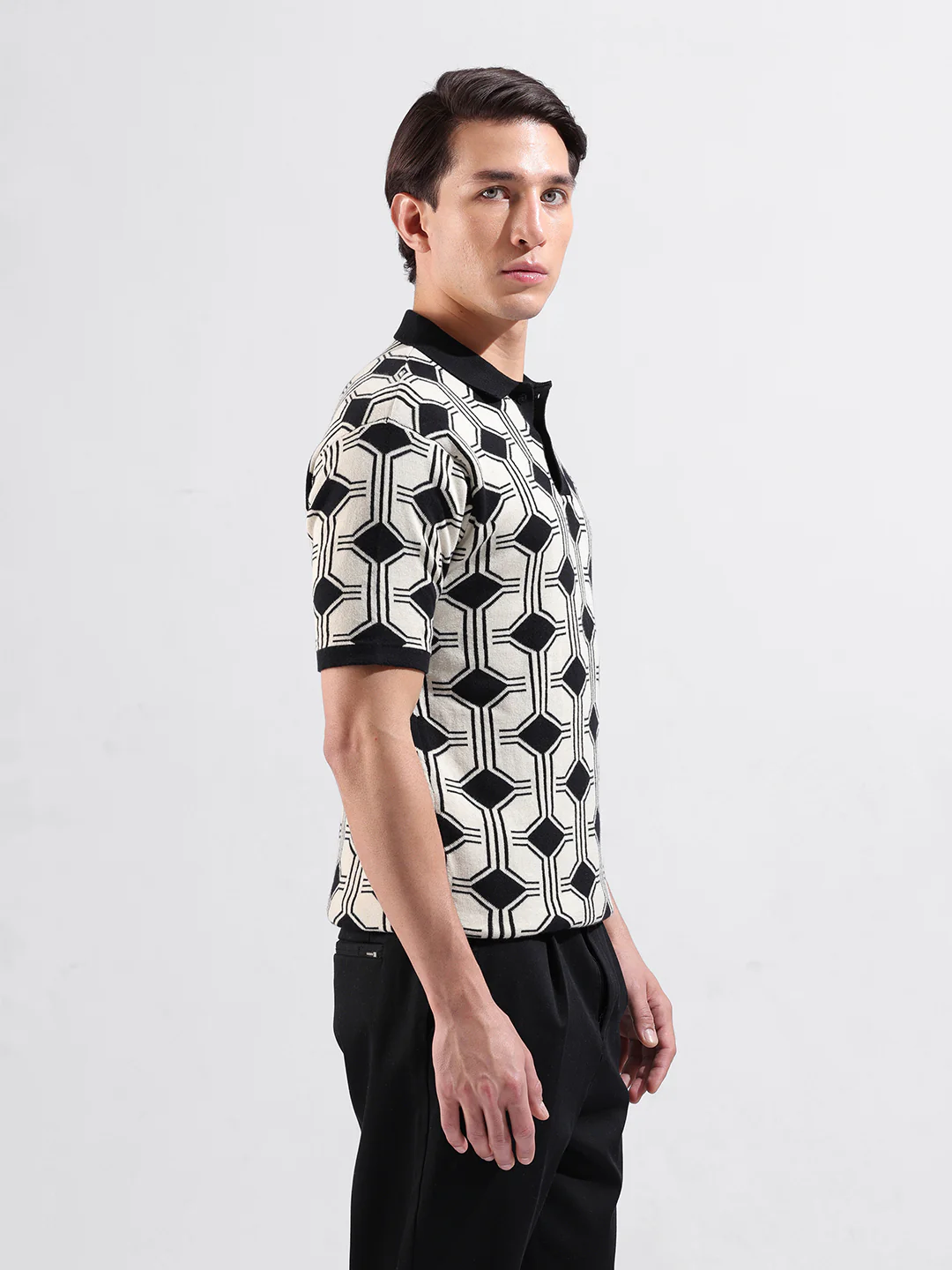 Men's White Slim Fit Printed Flat Knit Polo T-Shirt - Image 4
