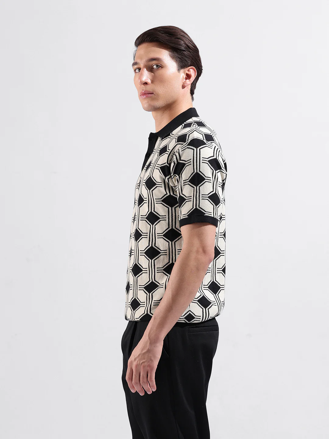 Men's White Slim Fit Printed Flat Knit Polo T-Shirt - Image 5