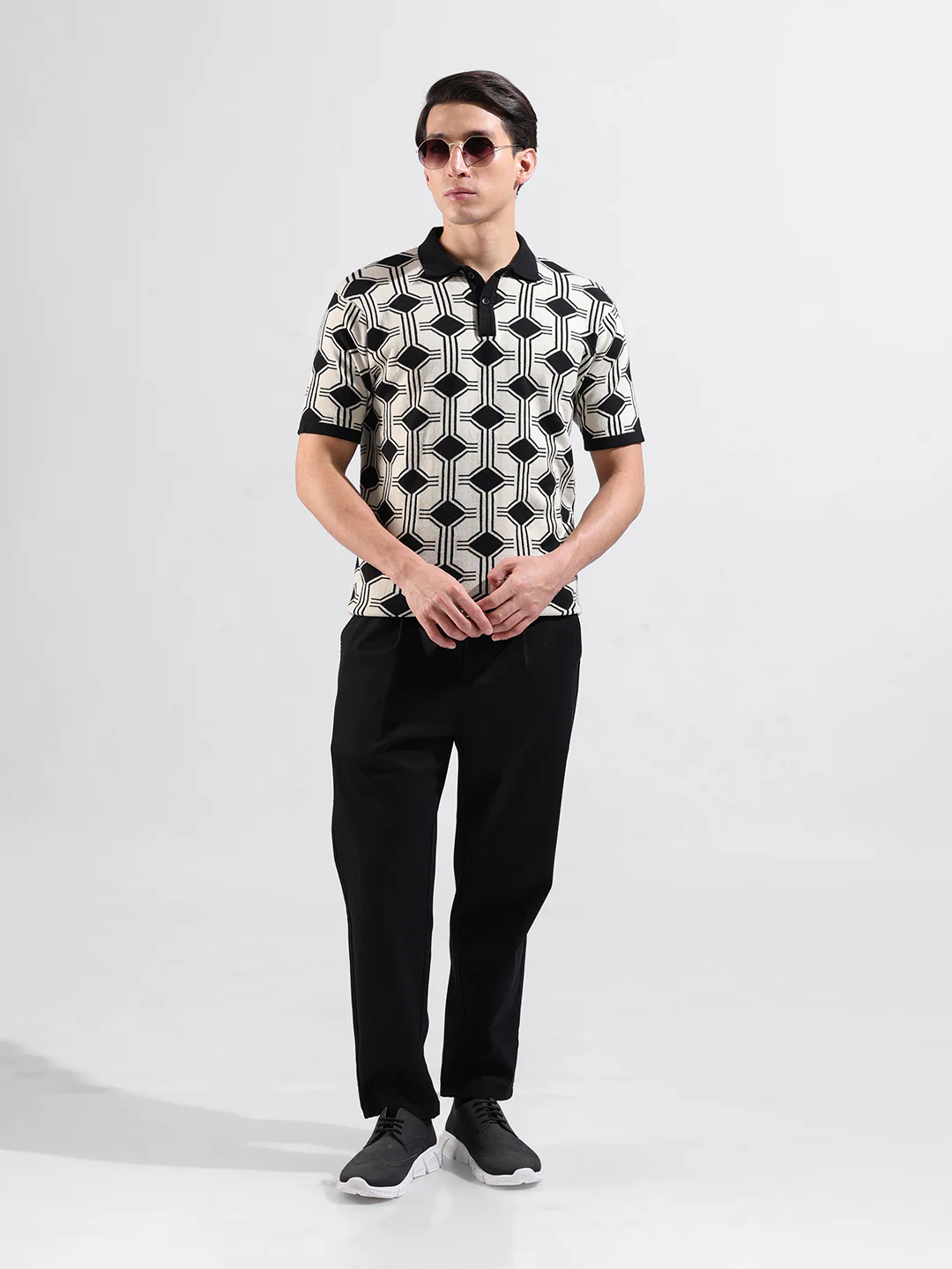 Men's White Slim Fit Printed Flat Knit Polo T-Shirt - Image 6
