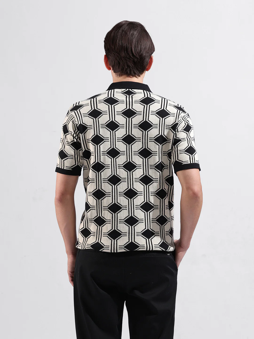 Men's White Slim Fit Printed Flat Knit Polo T-Shirt - Image 7