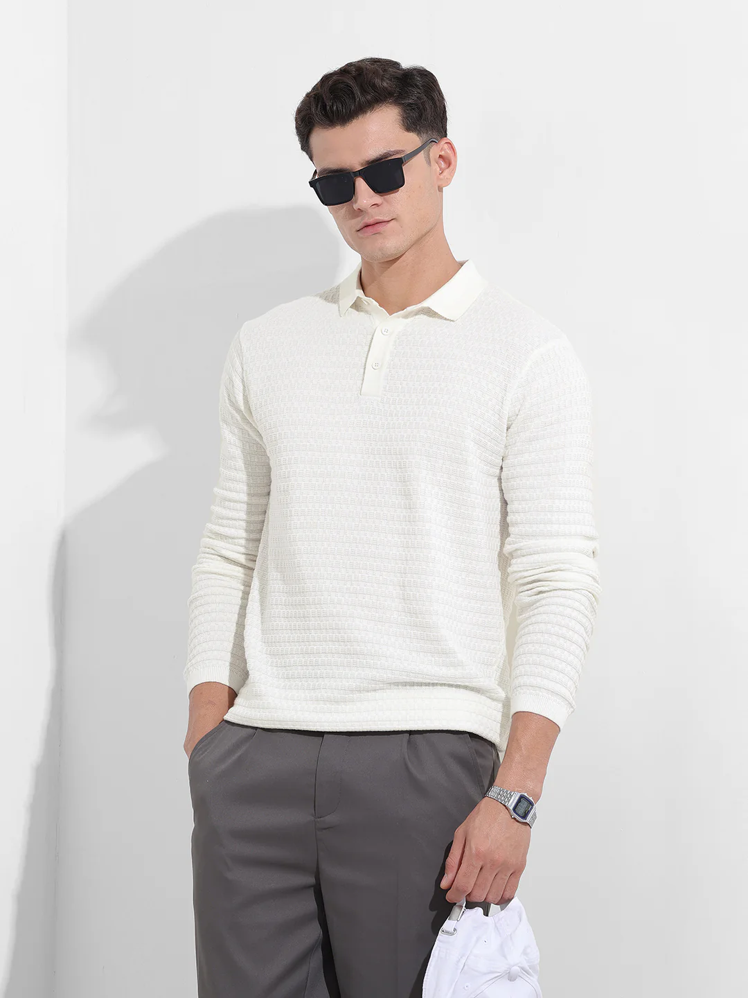 Men's White Slim Fit Solid Flat Knit Polo T-Shirt - Image 2