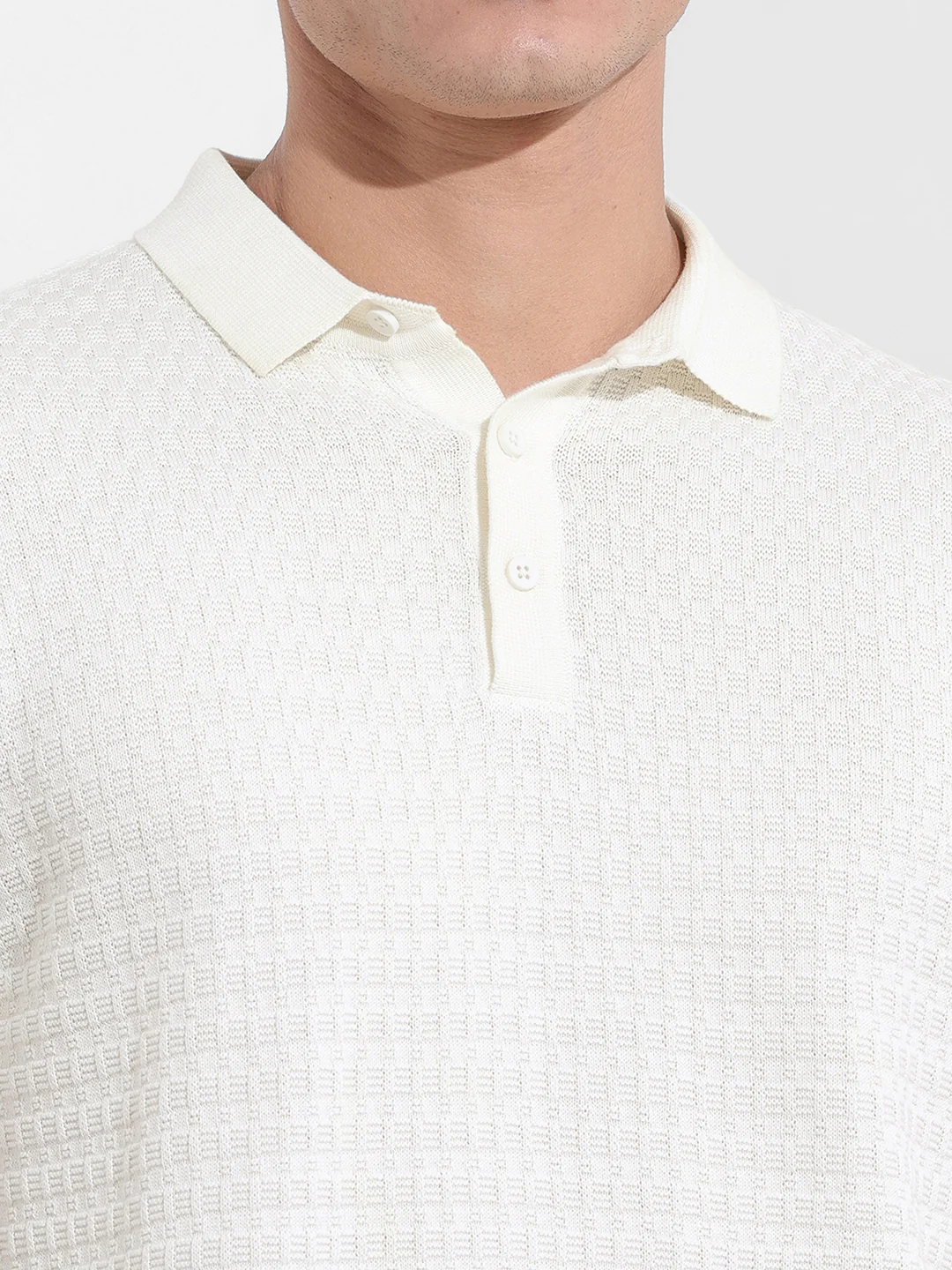 Men's White Slim Fit Solid Flat Knit Polo T-Shirt - Image 3