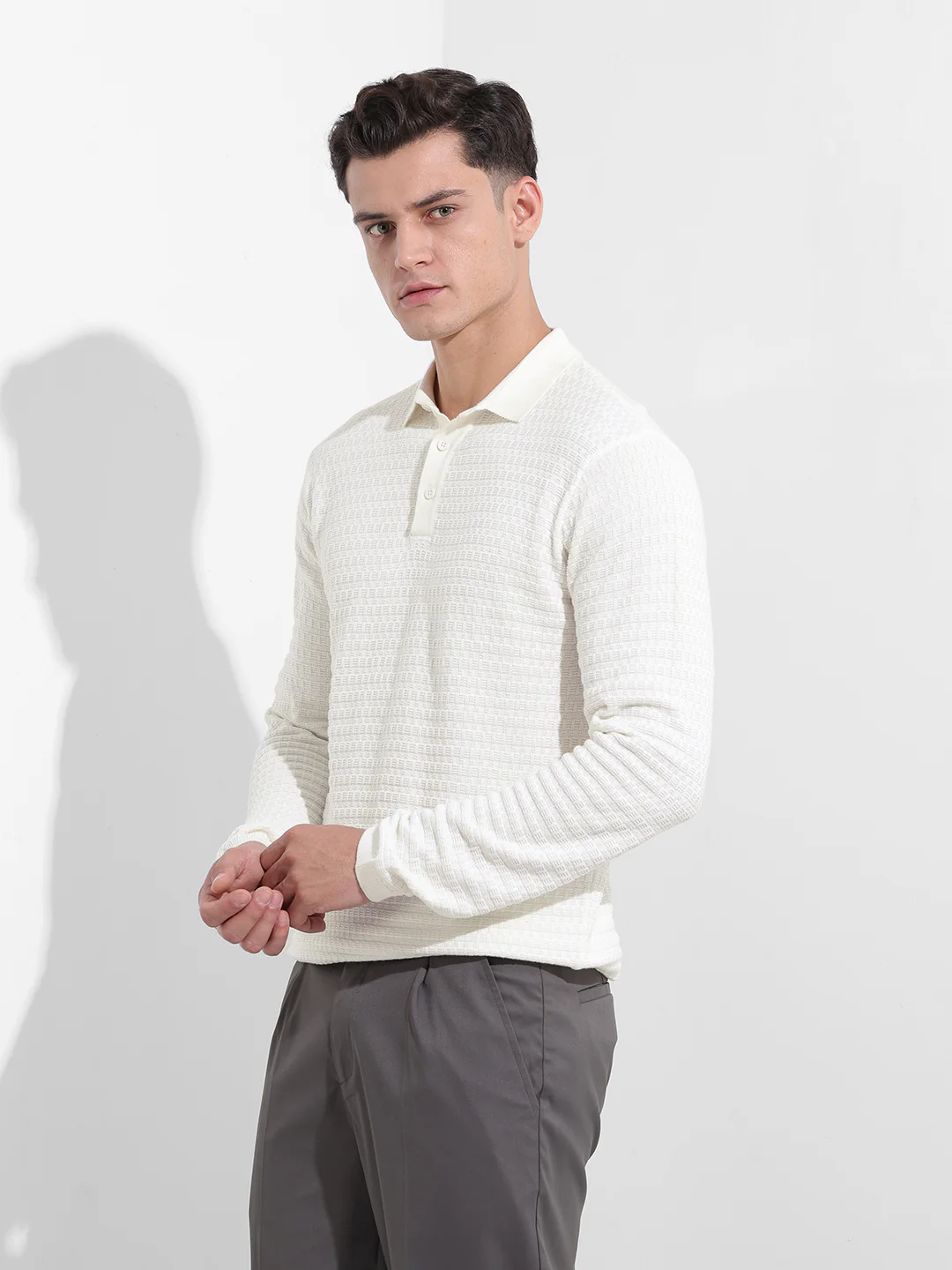 Men's White Slim Fit Solid Flat Knit Polo T-Shirt - Image 4