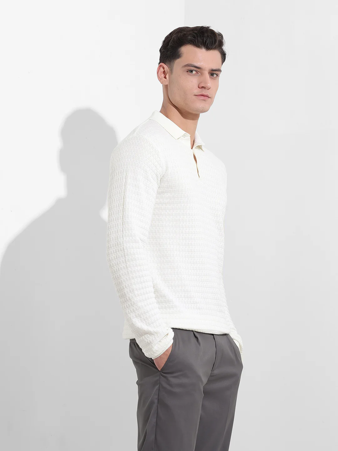 Men's White Slim Fit Solid Flat Knit Polo T-Shirt - Image 5