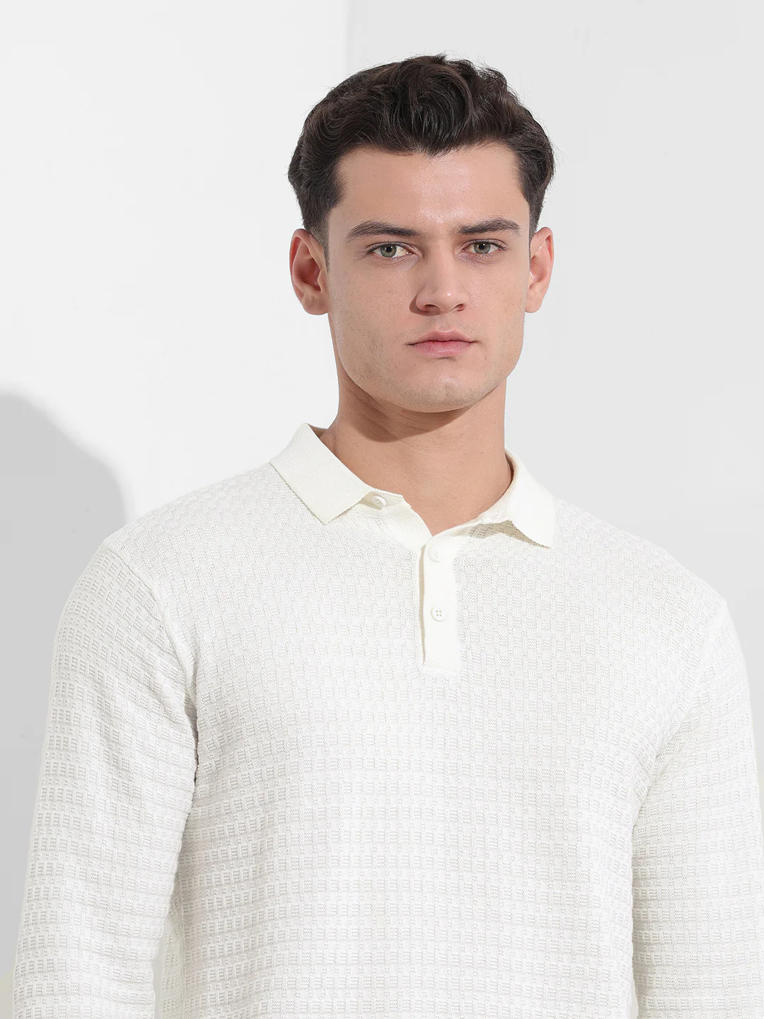 Men's White Slim Fit Solid Flat Knit Polo T-Shirt - Image 7