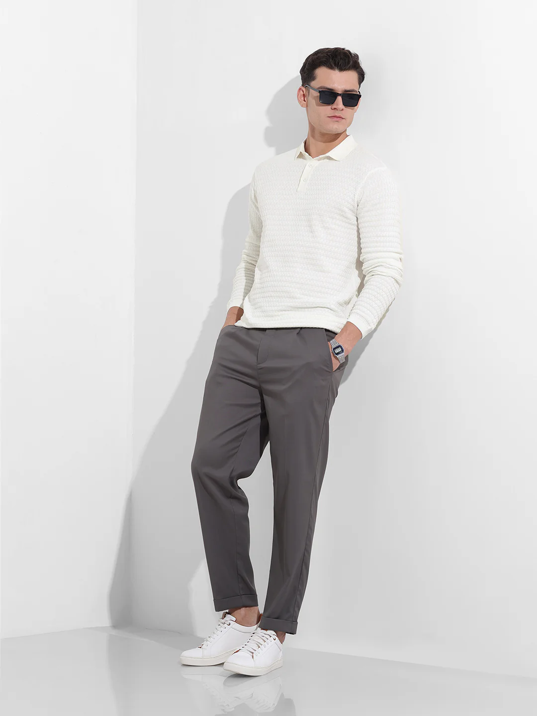 Men's White Slim Fit Solid Flat Knit Polo T-Shirt - Image 9