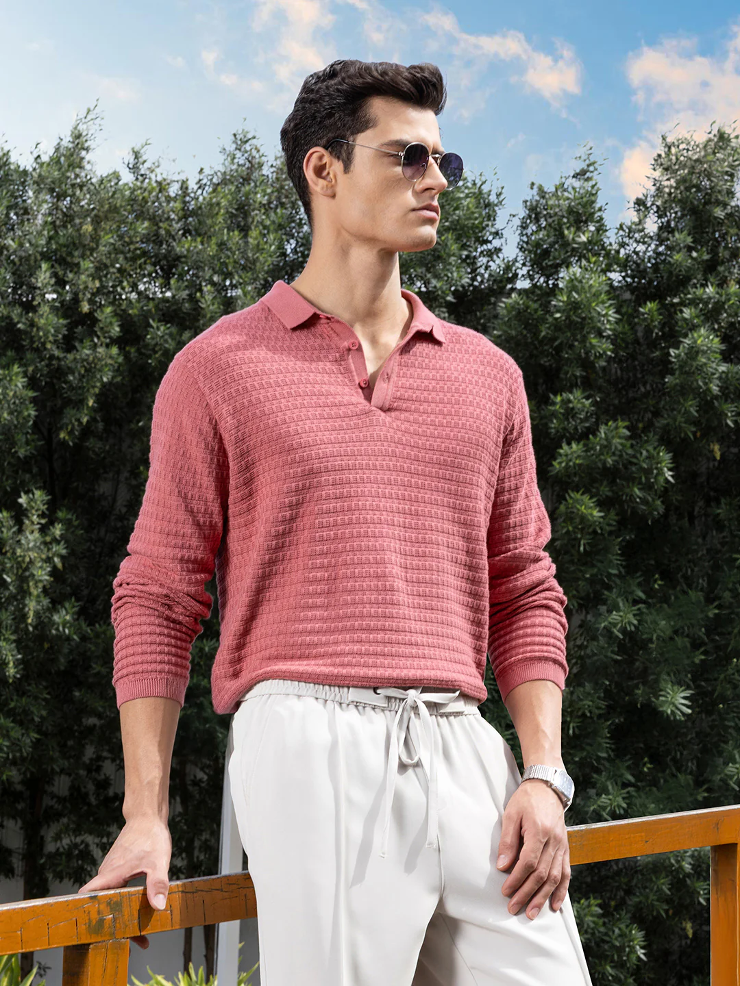 Men's Pink Slim Fit Striped Flat Knit Polo T-Shirt