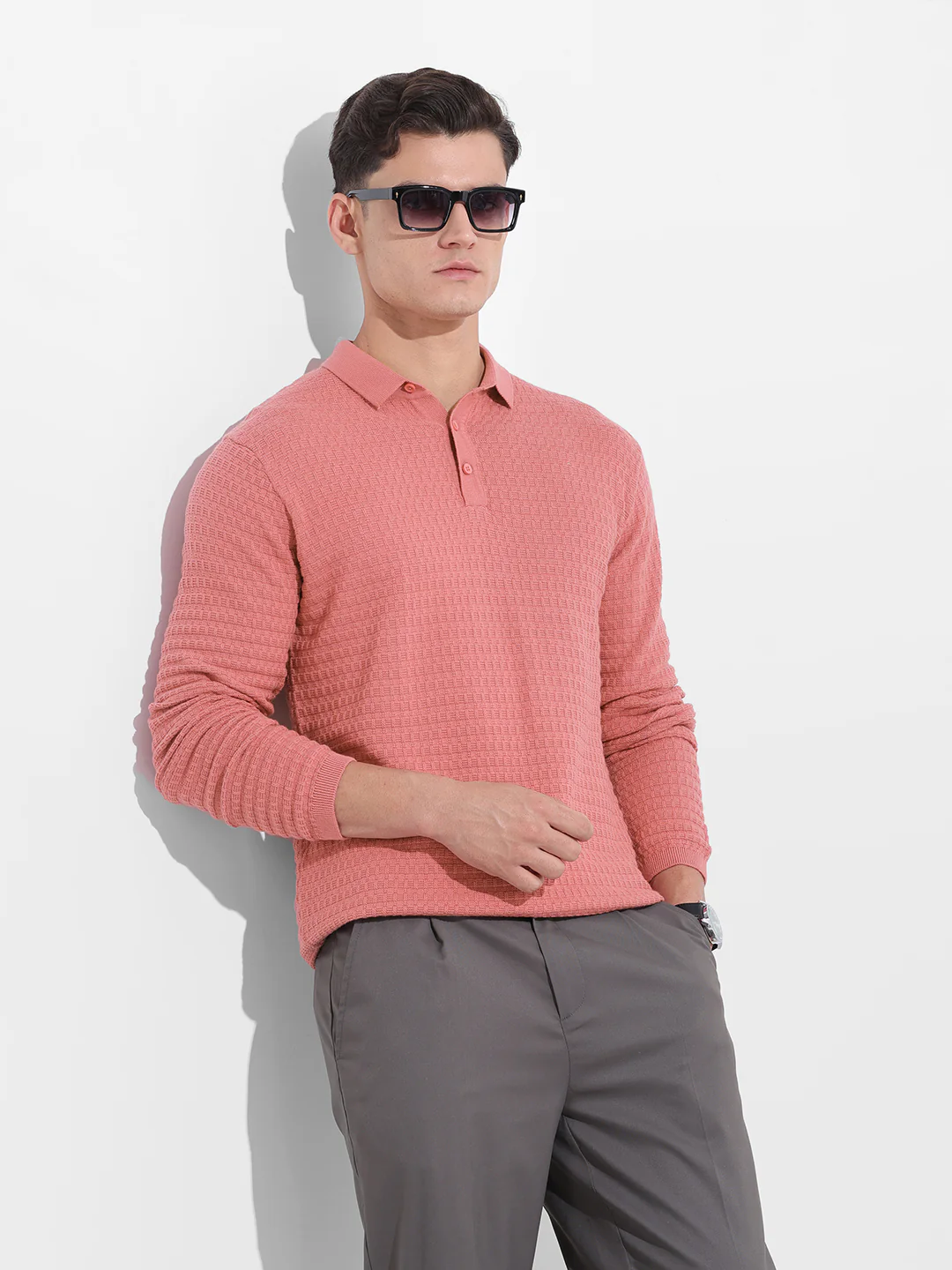 Men's Pink Slim Fit Striped Flat Knit Polo T-Shirt - Image 2