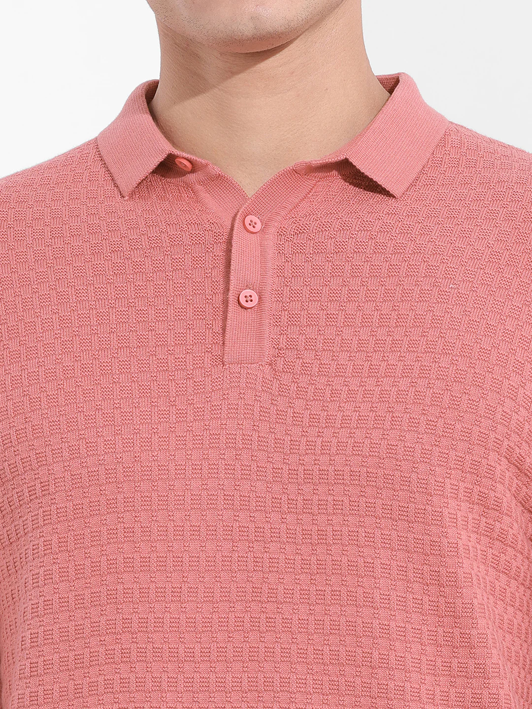 Men's Pink Slim Fit Striped Flat Knit Polo T-Shirt - Image 3