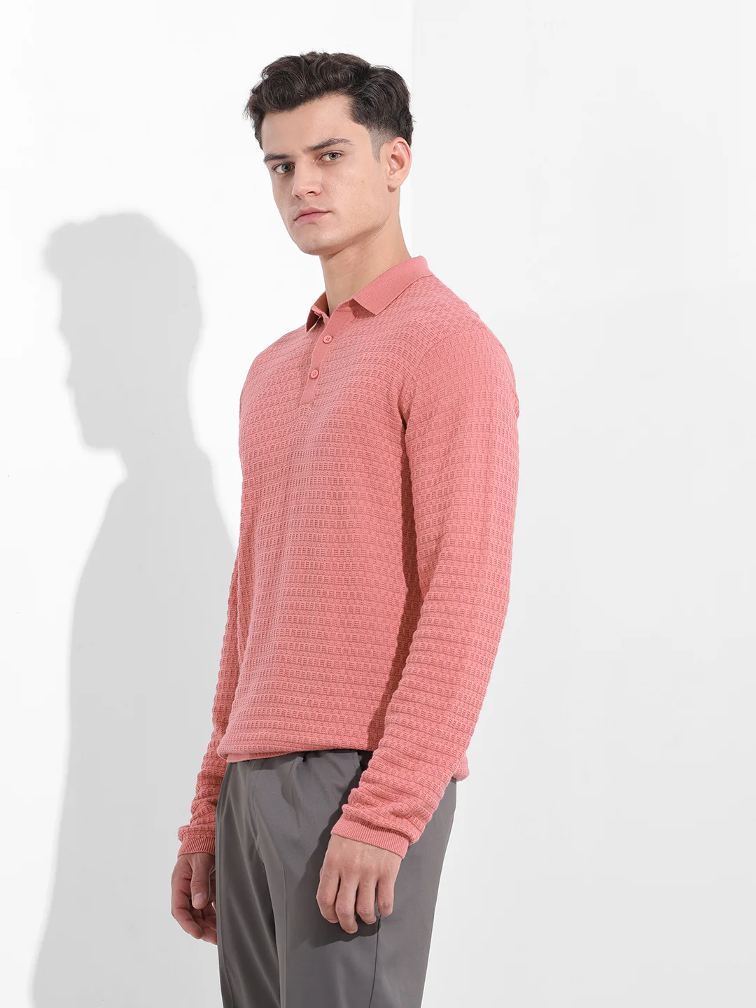 Men's Pink Slim Fit Striped Flat Knit Polo T-Shirt - Image 4