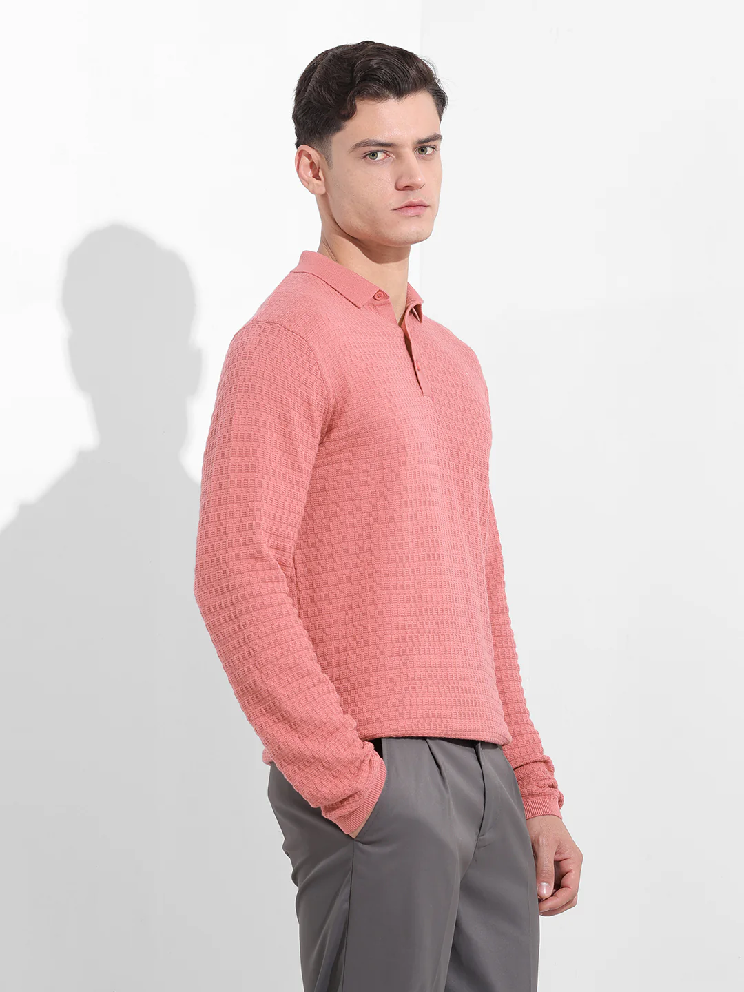 Men's Pink Slim Fit Striped Flat Knit Polo T-Shirt - Image 5