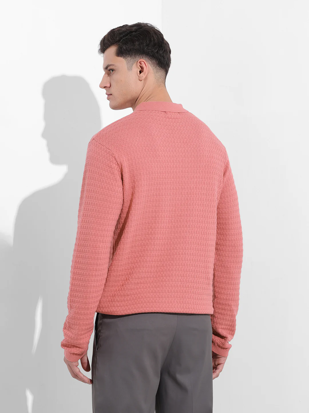 Men's Pink Slim Fit Striped Flat Knit Polo T-Shirt - Image 6
