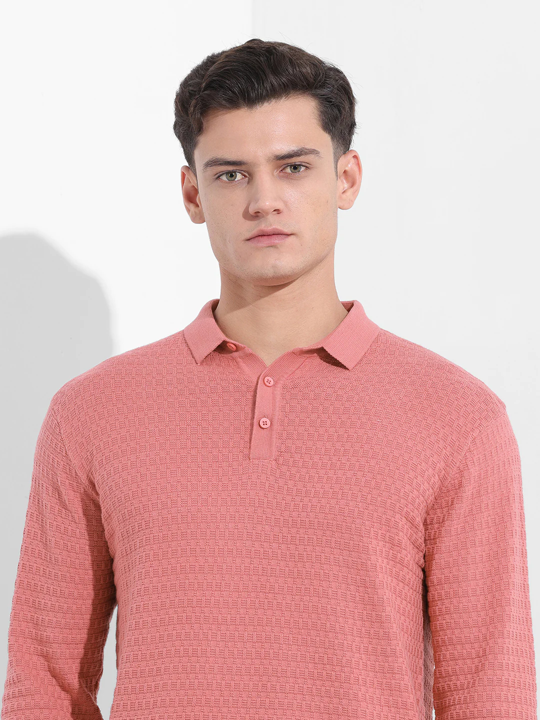 Men's Pink Slim Fit Striped Flat Knit Polo T-Shirt - Image 7